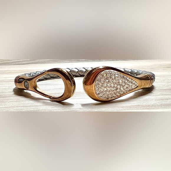 Silver Colored Leather Pave Crystal Cobra Wrap Gray Leather Bracelet, Magnetic - Picture 6 of 6